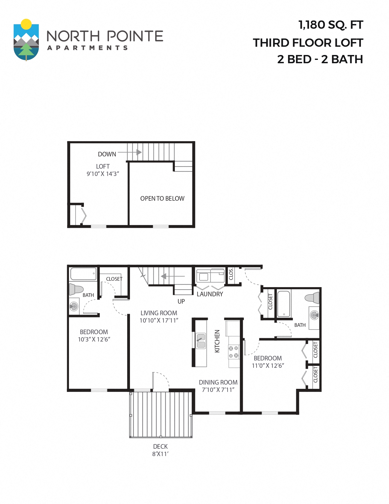 Floor plan for 2 beds, 2 baths, 1180 sqft